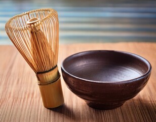 A bamboo whisk resting next to a ceramic tea bowl