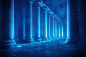 Blue light shines through columns in an empty room, casting shadows and creating a serene ambiance.