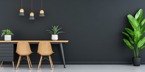 Interior features a modern desk with chairs and plants
