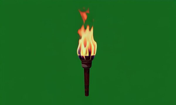 4k high-resolution green screen video of a torch engulfed in vibrant flames, flickering naturally as if affected by a soft breeze