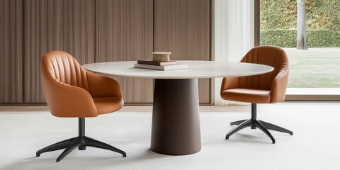 Modern dining set features round table and leather chairs
