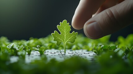 A hand gently reaches towards a single, vibrant green seedling sprouting from a white grid among a bed of similar young plants against a dark background.