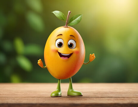 Cheerful cartoon mango character with a cute smile. tasty mango fruit, happy funny food personage. Healthy food concept, funny fruit cartoon with green background.