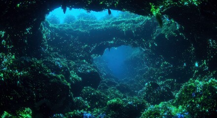 Fototapeta premium Enchanting Bioluminescent Cave Underwater Scene Glowing Flora Dark Water
