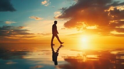 Tranquil sunset stroll, silhouette of a man walking across water at golden hour 