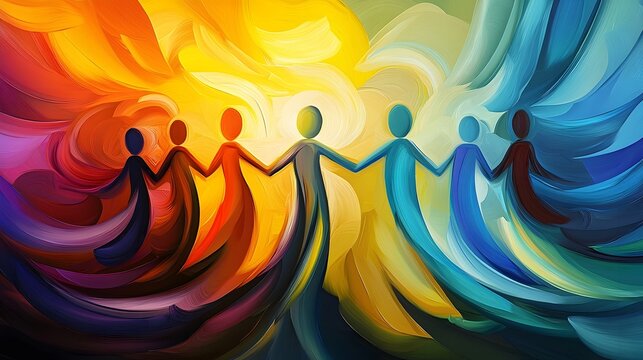 Colorful Abstract Figures Holding Hands Symbolizing Global Friendship and Harmony