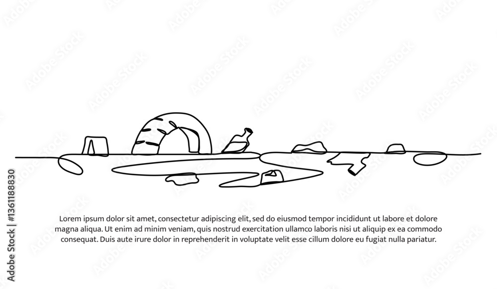 Poster continuous one line design of polluted water with trash. minimalist style vector illustration on whi