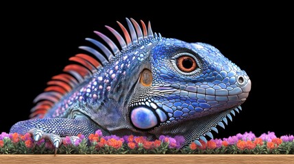 Fototapeta premium Vibrant Blue Iguana Portrait Exotic Reptile Close up AI Art Flowers