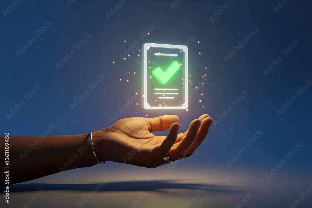 Poster an outstretched hand holding a floating green checkmark on a smartphone screen, symbolizing approval