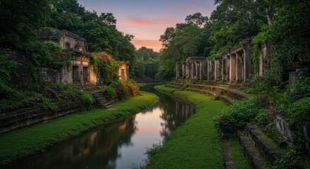 Serene Sunset at Ancient Ruins Lush Greenery Water Canal Stone Architecture
