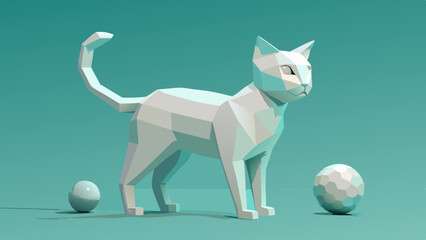 Fototapeta premium Low Poly White Cat 3D Render – Geometric Feline Model with Minimalist Design and Teal Background in Digital Art Style