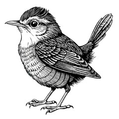Detailed Pencil Sketch of Small Songbird – Intricate Feather Patterns and Realistic Black and White Scientific Illustration