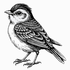 Detailed Pencil Sketch of Small Songbird – Intricate Feather Patterns and Realistic Black and White Scientific Illustration