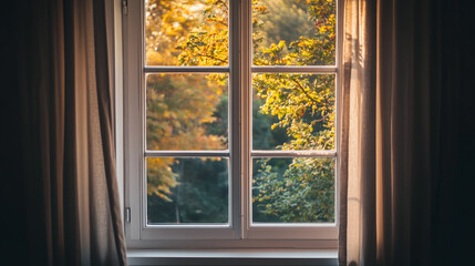 Fototapeta premium A view of autumn trees through a white framed window with curtains on either side of the window frame