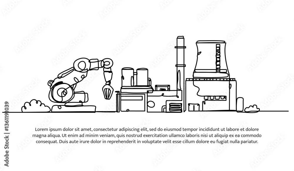 Poster continuous one line design of industrial robotic arm and factory. minimalist style vector illustrati
