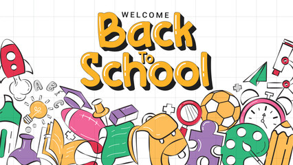 Back to school greeting clipart background design. Welcome back to school greeting text clip art in grid space background with colorful educational drawing elements banner concept vector illustration.