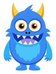 Cute Blue Monster – Friendly Cartoon Character with Big Green Eyes and Horns in Children's Vector Illustration