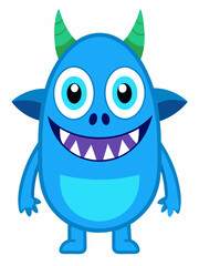 Cute Blue Monster – Friendly Cartoon Character with Big Green Eyes and Horns in Children's Vector Illustration