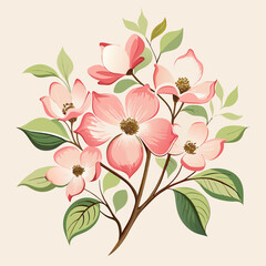 Botanical Illustration of Pink Dogwood Flowers – Delicate Petals and Green Leaves in Vintage Watercolor Style