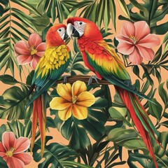 Obraz premium Vibrant tropical baby pattern featuring cute parrots palm leaves and exotic flowers in warm colors for joyful decor Generative AI