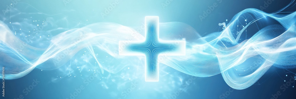 Poster Glowing waveforms merge into a cross-shaped medical symbol in a futuristic blue and white gradient background Generative AI
