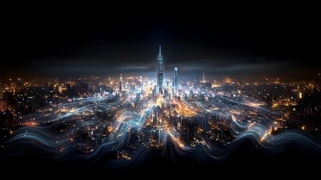 Fototapeta Night City Lightscape: Illuminated Skyscrapers and Dynamic Light Trails