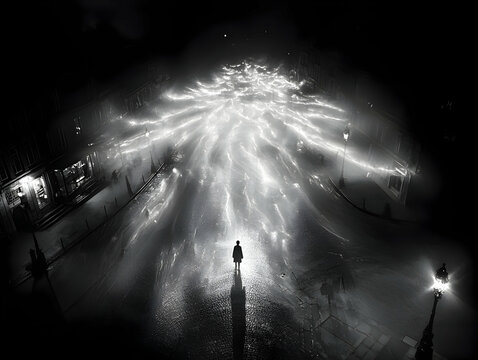 Fototapeta Night City Lightscape: A Lone Figure on an Illuminated Street