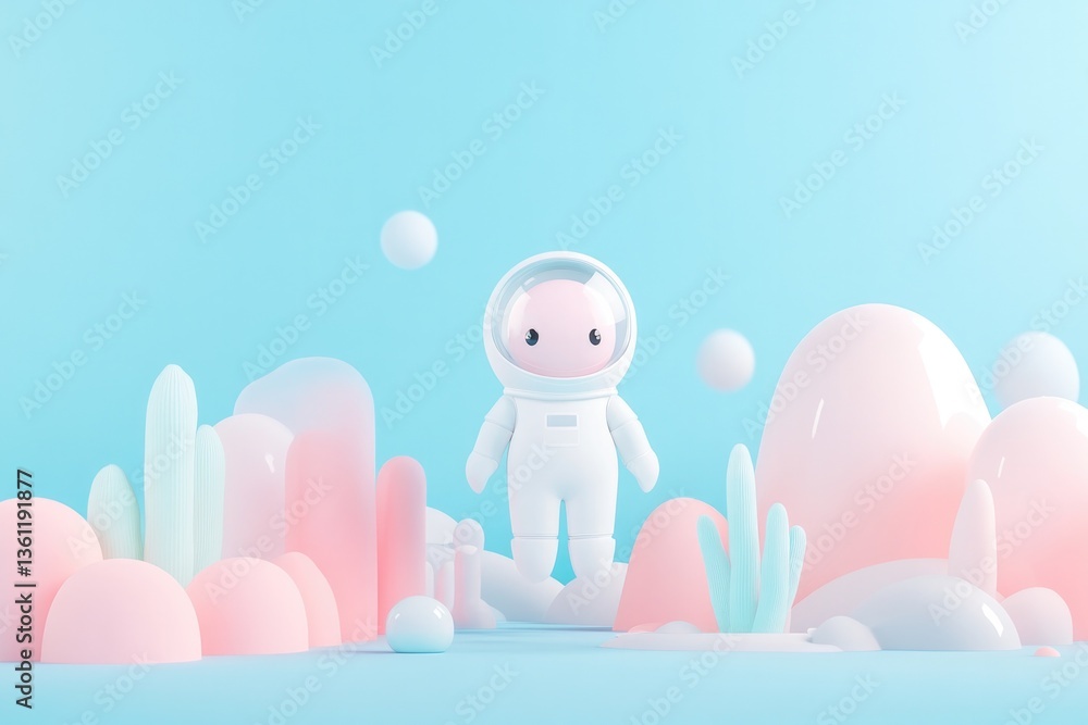 Poster create 3d illustration of whimsical character in surreal environment showcasing blend of vibrant col