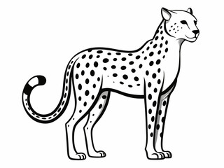 Cartoon Cheetah – Smiling Spotted Feline with Sleek Body in Black and White Line Drawing for Children's Book