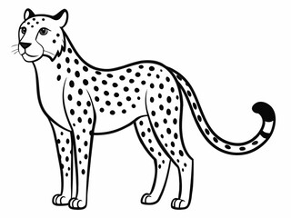 Cartoon Cheetah – Smiling Spotted Feline with Sleek Body in Black and White Line Drawing for Children's Book