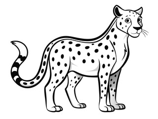 Cartoon Cheetah – Smiling Spotted Feline with Sleek Body in Black and White Line Drawing for Children's Book