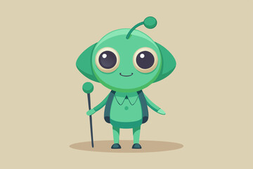 Cute Cartoon Alien Character – Big Eyes, Green Skin, and Teal Bodysuit with Sci-Fi Staff in Kawaii Style