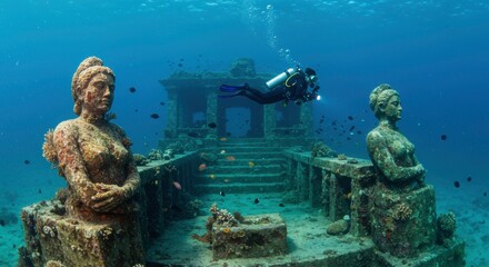 Underwater Scuba Diver Exploring Sunken Temple with Ancient Statues