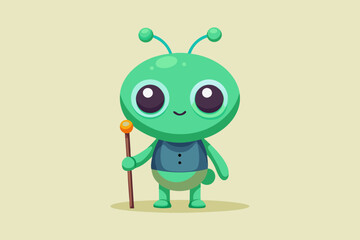 Cute Cartoon Alien Character – Big Eyes, Green Skin, and Teal Bodysuit with Sci-Fi Staff in Kawaii Style