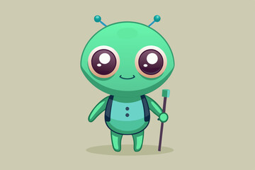 Cute Cartoon Alien Character – Big Eyes, Green Skin, and Teal Bodysuit with Sci-Fi Staff in Kawaii Style
