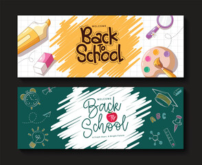 Naklejka premium Welcome back to school greeting clipart banner design. Back to school greeting text and message in yellow, white watercolor background with doodle educational materials hand drawn flat elements vector