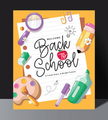 Back to school greeting clipart poster design. Welcome back to school greeting text and message in paper space yellow background clip art with educational drawing elements like watercolor, magnifying 
