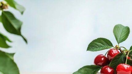 Fresh Sweet Cherries  Juicy Red Fruit  Green Leaves  White Background