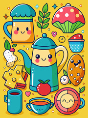 Cute Kawaii Food Characters – Happy Cartoon Mushrooms, Pizza, Strawberry & More on Vibrant Yellow