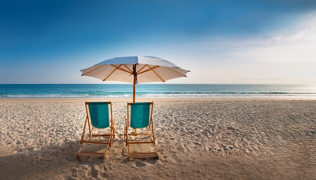 A beach setup with two chairs and an umbrella open; no people; empty beach; beach chairs with an umbrella on an empty beach; exotic sandy beach vacation with chairs and umbrella; sand and sun; ocean