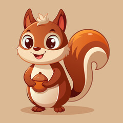 Cute Cartoon Squirrel Holding Acorn in Chibi Style, Adorable Woodland Creature, Digital Illustration