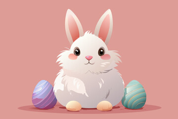 Cute cartoon bunny, pastel colors, soft lighting, 3D render, fluffy texture, Easter eggs, pink background, kawaii style, round shapes, gentle shadows, playful pose, big eyes, digital art, minimalist c