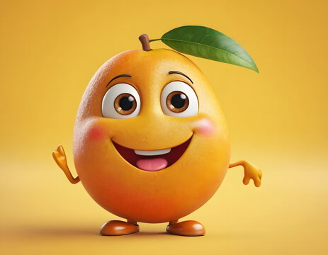 Cheerful cartoon mango character with a cute smile. Delicious mango fruit, happy funny food personage, 
 funny cartoon mango close image.
