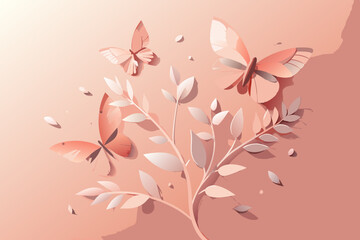 Delicate Paper Butterflies with Gray Leaf Silhouettes on Soft Pink Background in 3D Paper Craft Art