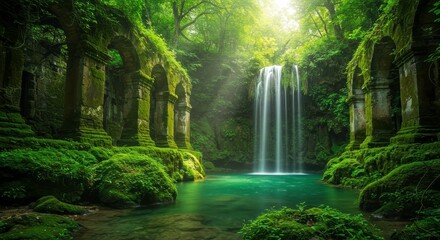 Obraz premium Enchanting Waterfall Cascading into Mossy Ruins in Lush Green Forest