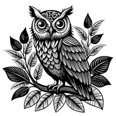 Owl Portrait Detailed Black and White Illustration Intricate Feather Patterns Hypnotic Eyes Wisdom Symbol