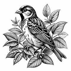 Realistic Sparrow Perched on Leaves in Detailed Black and White Illustration