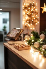 Festive lights and delicate moon-shaped ornaments decorate the office reception. The clean desk holds a small tray of traditional sweets for guests