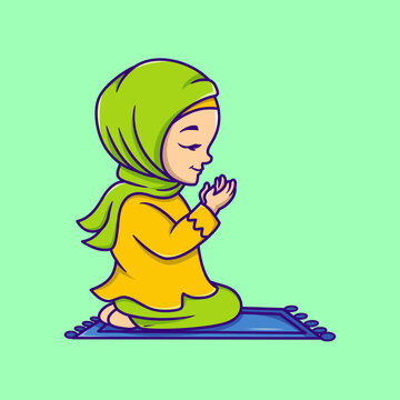 Cute muslim woman character wearing hijab, praying on a prayer mat