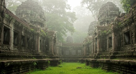 Ancient Stone Temple Ruins in Misty Jungle Overgrown Angkor Wat Style Architecture